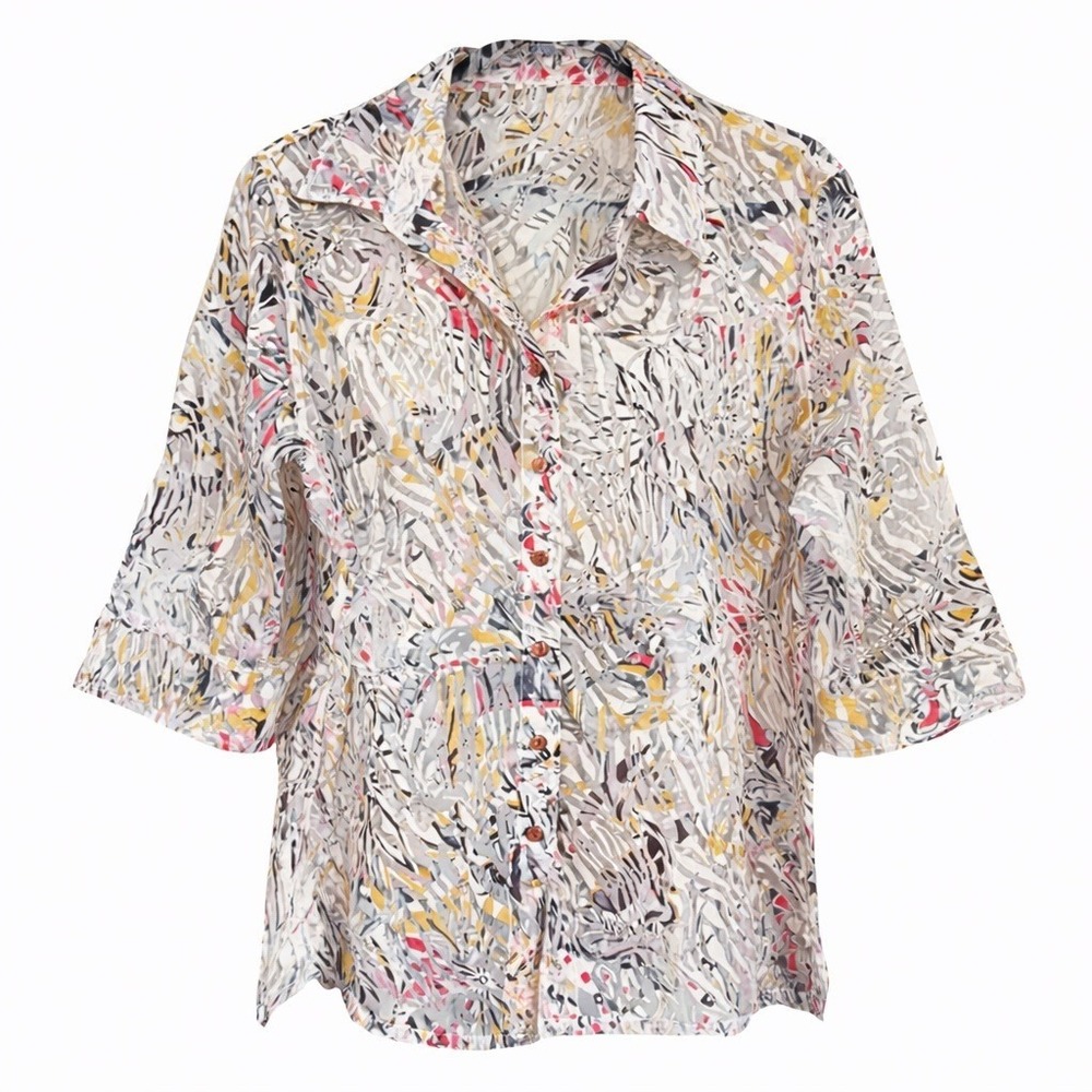 Vtg TanJay Womens XL Sheer Abstract Floral Chiffon Button-Up Blouse Animal Print